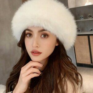 White Fluffy Faux Fur Headband, Thick Faux Fox Fur Hat Earmuff